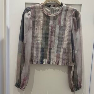Aritzia Wilfred Smocked Long-Sleeve Blouse in Muted Floral Stripe